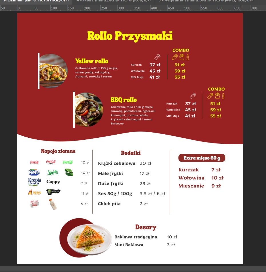 Rollo, sides, drinks and desserts menu